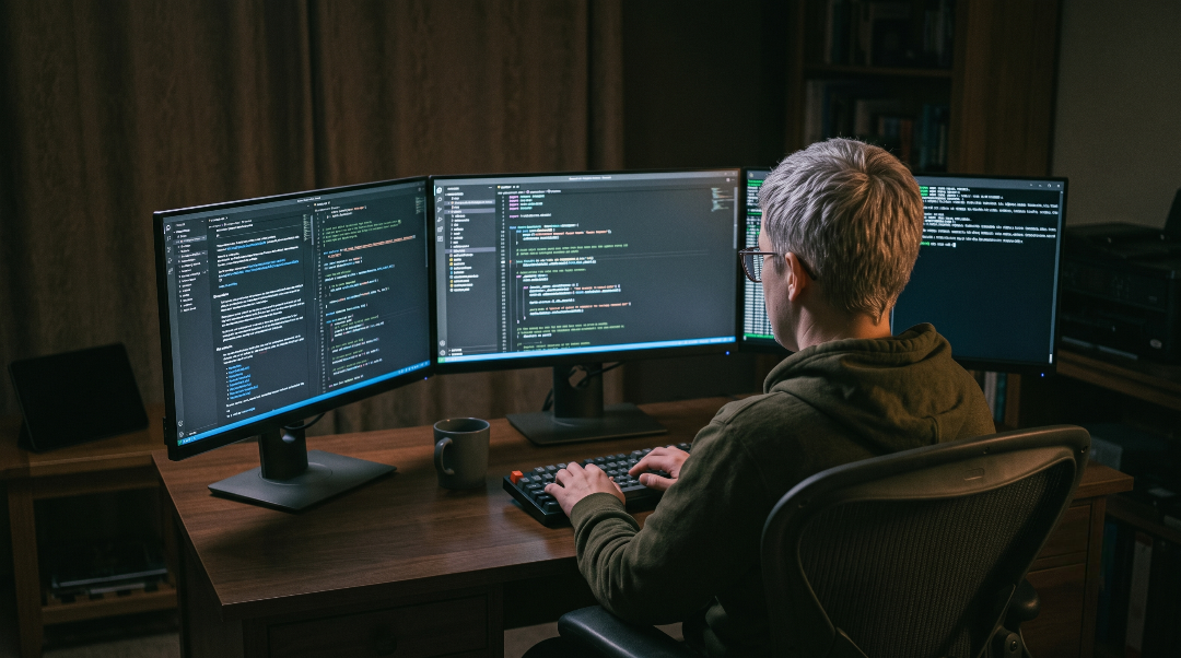 A developer seen from behind at a dark desk, working across three monitors full of code